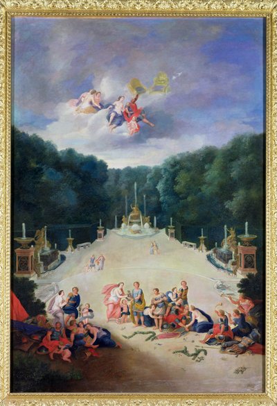 De Groves van Versailles. Uitzicht op de Arc de Triomphe en Frankrijk Triomfantelijk met Nimfen die Gevangenen Ketenen voor Venus en Mars, 1688 door Jean the Younger Cotelle